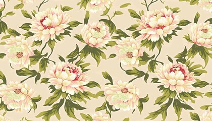  a floral wallpaper with pink and white flowers on a beige background.  generative ai