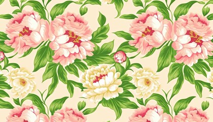 a pink and white flower pattern with green leaves on a beige background.  generative ai