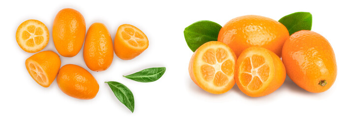 Cumquat or kumquat with half isolated on white background. Top view. Flat lay