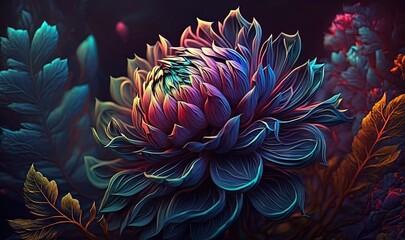  a colorful flower with leaves on a black background with a red center.  generative ai