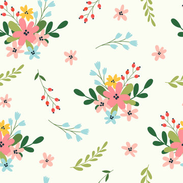 Elegant floral pattern with bouquets of flowers, branches and colorful flowers. Floral background for trendy prints. Summer and spring motifs.
