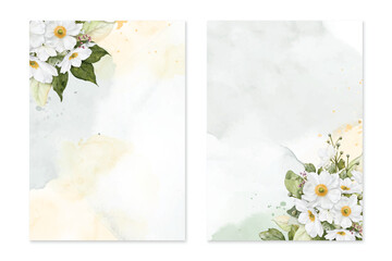 Set of card template with watercolor white anemone flower on stains