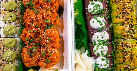 Mixed Set of Various Assorted Maki Sushi with Salmon, Tuna Fish, Caviar, Avocado