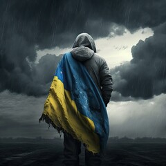 Man with Ragged Grey Clothes with Ukrainian Flag on His Back