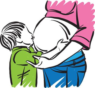 little boy kissing mother belly pregnant woman with son maternity concept vector illustration