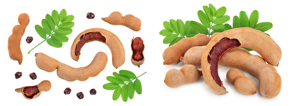 Tamarind fruit with seed isolated on white background, Top view. Flat lay. Set or collection