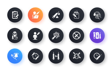 Vaccine icons. Corona jab, Medical Syringe, Vaccination passport icons. Covid vaccine, Human jabbed and Coronavirus dose. Syringe needle, Corona injection, Vaccination notification. Vector