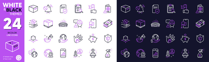 Social responsibility, Mute sound and Insurance policy line icons for website, printing. Collection of Video conference, Office box, Location app icons. Graph phone, Loan percent. Vector