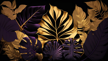 Tropical background with exclusive leaves. Plant composition. Subdued and dark colors. Gold accessories. Rainforest pattern illustration. Moody dark lightning. Print card, stationery. Generative Ai