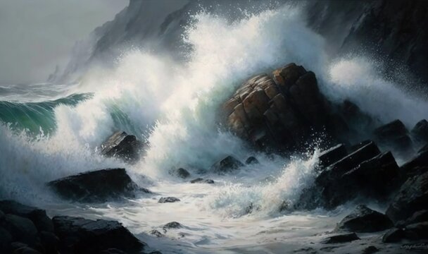  a painting of a wave crashing over rocks on the ocean.  generative ai