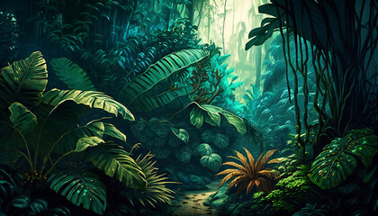 Naklejka na ściany i meble Rainforest graphic illustration. A horizontal shot of an overgrown tropical jungle. Large trees with vines and large plant leaves. A small river flows downstream. Tropical climate. Generative AI.