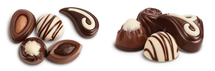 Chocolate candy isolated on white background with full depth of field. Top view. Flat lay.