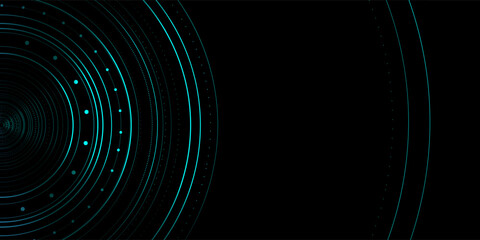 Expanding bright circles of lines and dots on a dark background. Expanding circles from the edge with a copy of space on a black background