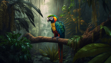 A parrot sitting on a branch in a tropical equatorial forest. Rainforest illustration. Patterned wallpaper with leaves, trees and bird. Natural atmospheric moody light. Leafy background. Generative AI