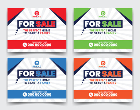 Home Sale Business Real Estate Company Yard Sign, Signage Design Vector Template For Outdoor Advertising Multiple Color Concept Red, Green, Blue, And Orange