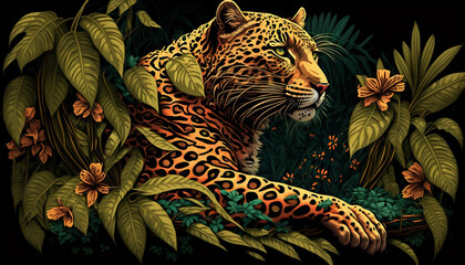 Leopard hiding in the tropical forest. Portrait of a wild predatory cat in the rainforest. Horizontal illustration, patterned background. Large green leaves and trees. Pastel colors. Generative AI.