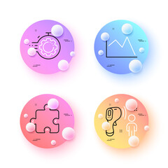 Electronic thermometer, Seo timer and Line chart minimal line icons. 3d spheres or balls buttons. Puzzle icons. For web, application, printing. Temperature scan, Cogwheel, Financial graph. Vector