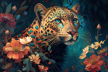 Floral surrounded leopard in an artistic painting - obrazy, fototapety, plakaty