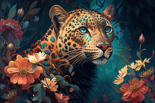 Floral surrounded leopard in an artistic painting