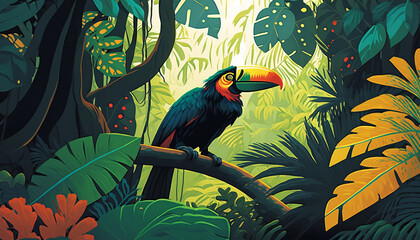 Rainforest with toucan, leaves and flowers. Illustration of a tropical background with colorful birds perched on a branch. Leafy pattern, pastel colors and natural light during the day. Generative AI.