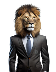 Concept of leadership in business. Businessman with the head of a lion king on a transparent background or png. generative AI
