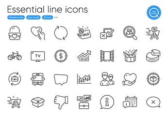 Search employees, Couple and Bicycle line icons. Collection of Dollar target, Ice cream, Demand curve icons. Info, Refresh, Parcel tracking web elements. Dislike hand, Hold heart. Vector