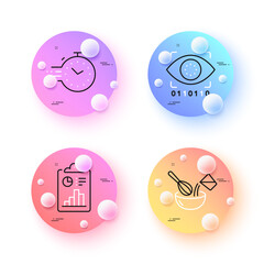 Cooking whisk, Report and Artificial intelligence minimal line icons. 3d spheres or balls buttons. Timer icons. For web, application, printing. Cutlery, Survey clipboard, Retinal access. Vector