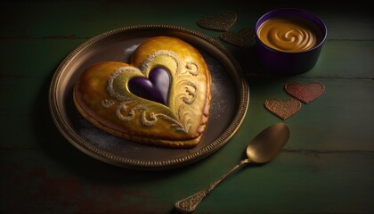 Heart shaped pancake in a plate. Mardi Gras. Generative ai.