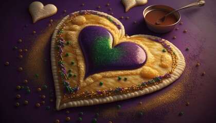 Decorative dressing on a heart shaped pancake. Mardi Gras. Generative ai.