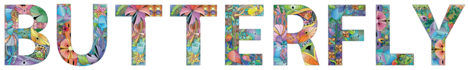 BUTTERFLY in the style of abstract hand drawing. Letters with ornament