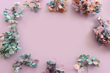 Top view image of blue Hydrangea flowers over purple pastel background .Flat lay