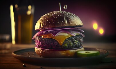  a hamburger sitting on top of a plate next to a glass of beer.  generative ai