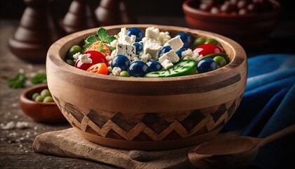  a wooden bowl filled with lots of different types of candy.  generative ai