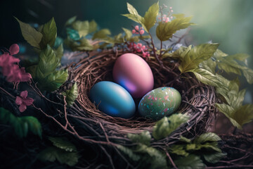 Fototapeta na wymiar Various painted Easter eggs. Holiday festive background. Generative AI