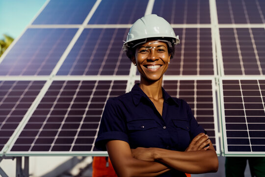 Solar Energy, Solar Panels And Electrician, Black Woman Engineer In Front Of Solar Panels, Copyspace