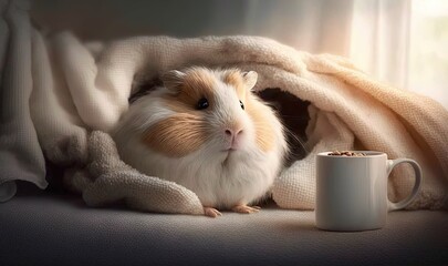  a guinea pig sitting under a blanket next to a cup of coffee.  generative ai