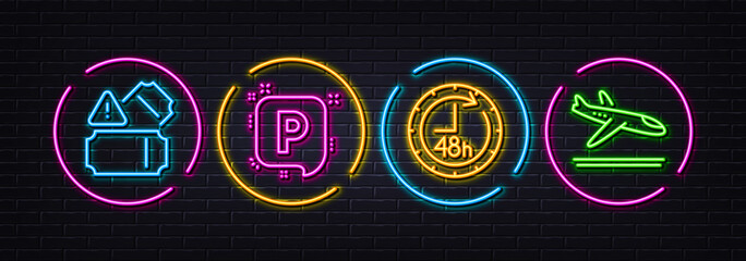 48 hours, Tickets and Parking minimal line icons. Neon laser 3d lights. Arrivals plane icons. For web, application, printing. Delivery service, Admission entrance, Auto park. Airport transport. Vector