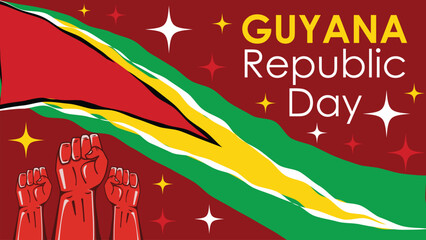 Happy Guyana republic day banner vector design celebrated on the 23rd of February every month. Background illustration with Guyana flag colors and fist to show power decorated using  geometric shapes.