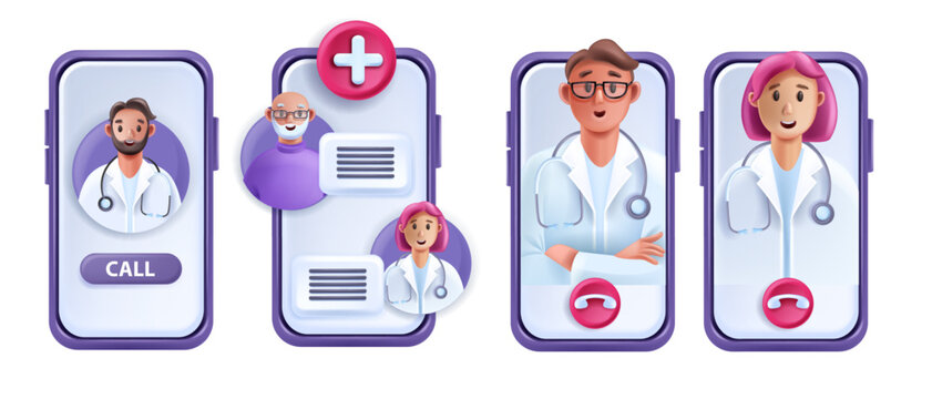 3D Online Doctor Vector Telemedicine Concept, Medical Video Call Man Woman Therapist Avatar, Patient. Virtual Internet Patient Digital Remote Health Care Service. Online Doctor Support, Smartphone
