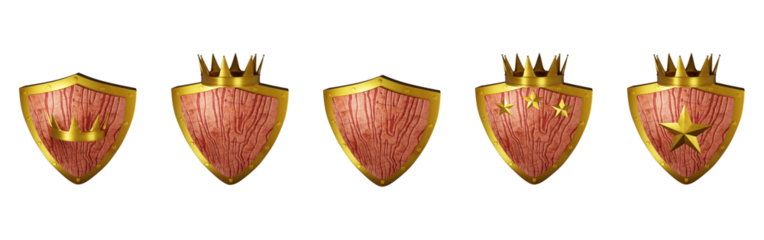 3D viking wooden shield, medieval game UI victory badge set, royal golden crown vintage knight armor. Defence realistic fantasy assets, warrior fight level up reward, timber frame. RPG wooden shield