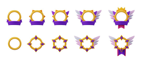3D avatar frame set, cartoon photo border render, game award fantasy badge, golden circle, wings....