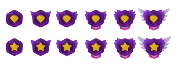 3D game badge, insignia icon RPG kit, level up user point hexagon medal set, fantasy ranking star. UI achievement cartoon design element, wings, trophy bonus reward. Game badge award ribbon button
