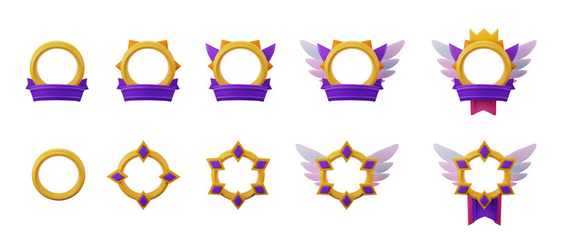 3D avatar frame set, cartoon photo border render, game award fantasy badge, golden circle, wings. Ranking winner reward, mobile app RPG user asset round victory label. Avatar frame UI level up clipart