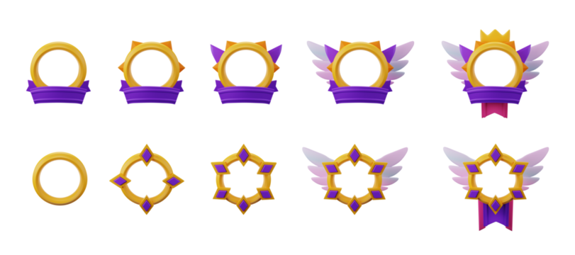3D avatar frame set, cartoon photo border render, game award fantasy badge, golden circle, wings. Ranking winner reward, mobile app RPG user asset round victory label. Avatar frame UI level up clipart