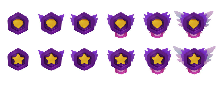 3D game badge, insignia icon RPG kit, level up user point hexagon medal set, fantasy ranking star. UI achievement cartoon design element, wings, trophy bonus reward. Game badge award ribbon button