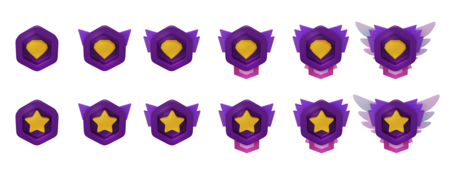 3D game badge, insignia icon RPG kit, level up user point hexagon medal set, fantasy ranking star. UI achievement cartoon design element, wings, trophy bonus reward. Game badge award ribbon button