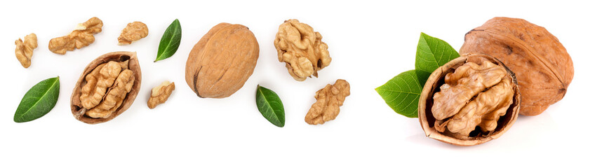 Walnuts with leaf isolated on white background with copy space for your text. Top view. Flat lay
