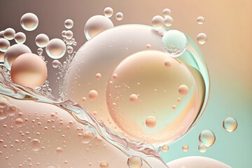 Close up clear liquid cosmetic product. Gel texture with bubbles. Generation AI