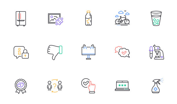 Approved, Puzzle image and Love award line icons for website, printing. Collection of Water bottle, Refrigerator, Medical cleaning icons. Checkbox, Dislike hand, Microscope web elements. Vector