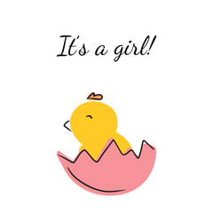 It's a girl. Small newborn chick in pink shell. Baby shower greeting card. Concept of birth, boy birthday party, cute. Hand drawn vector doodle illustration in flat cartoon style with black line.